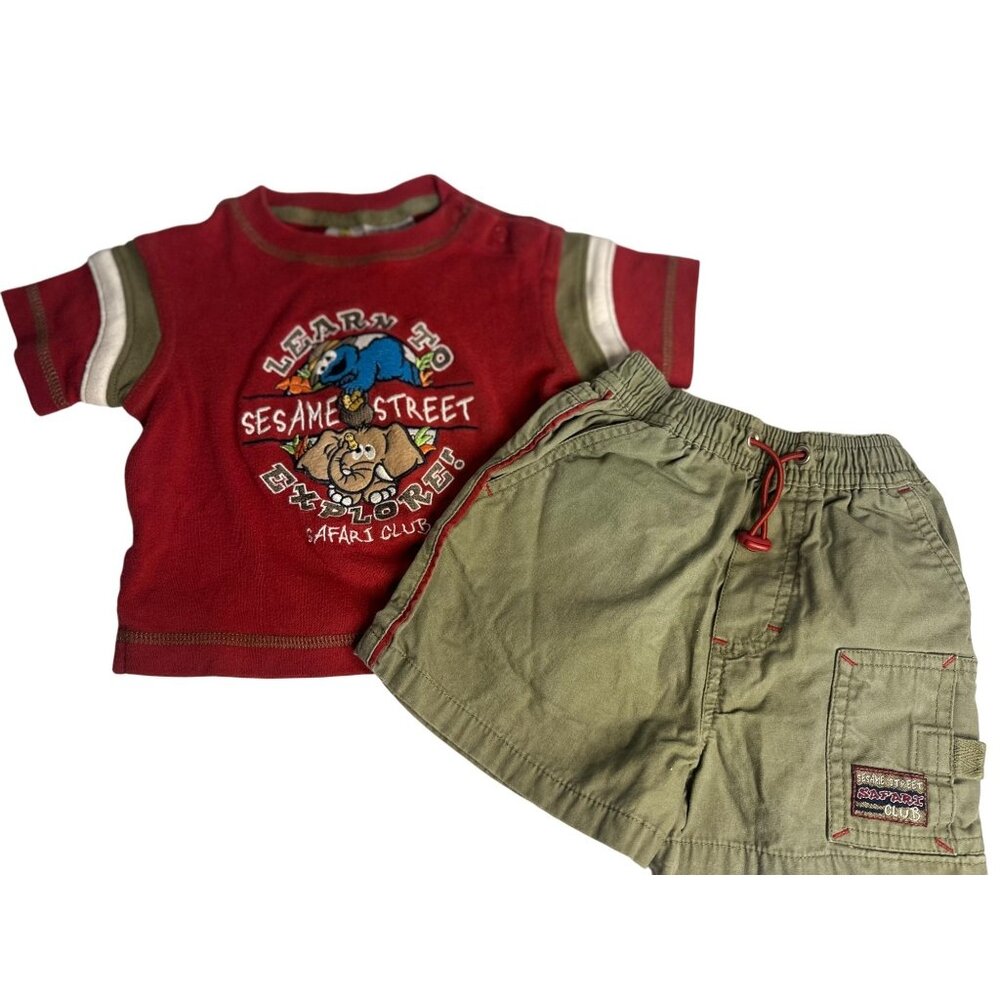 VTG‎ Sesame Street Safari Club Toddler 12M Red Shirt Tan Cargo Shorts Set Outfit